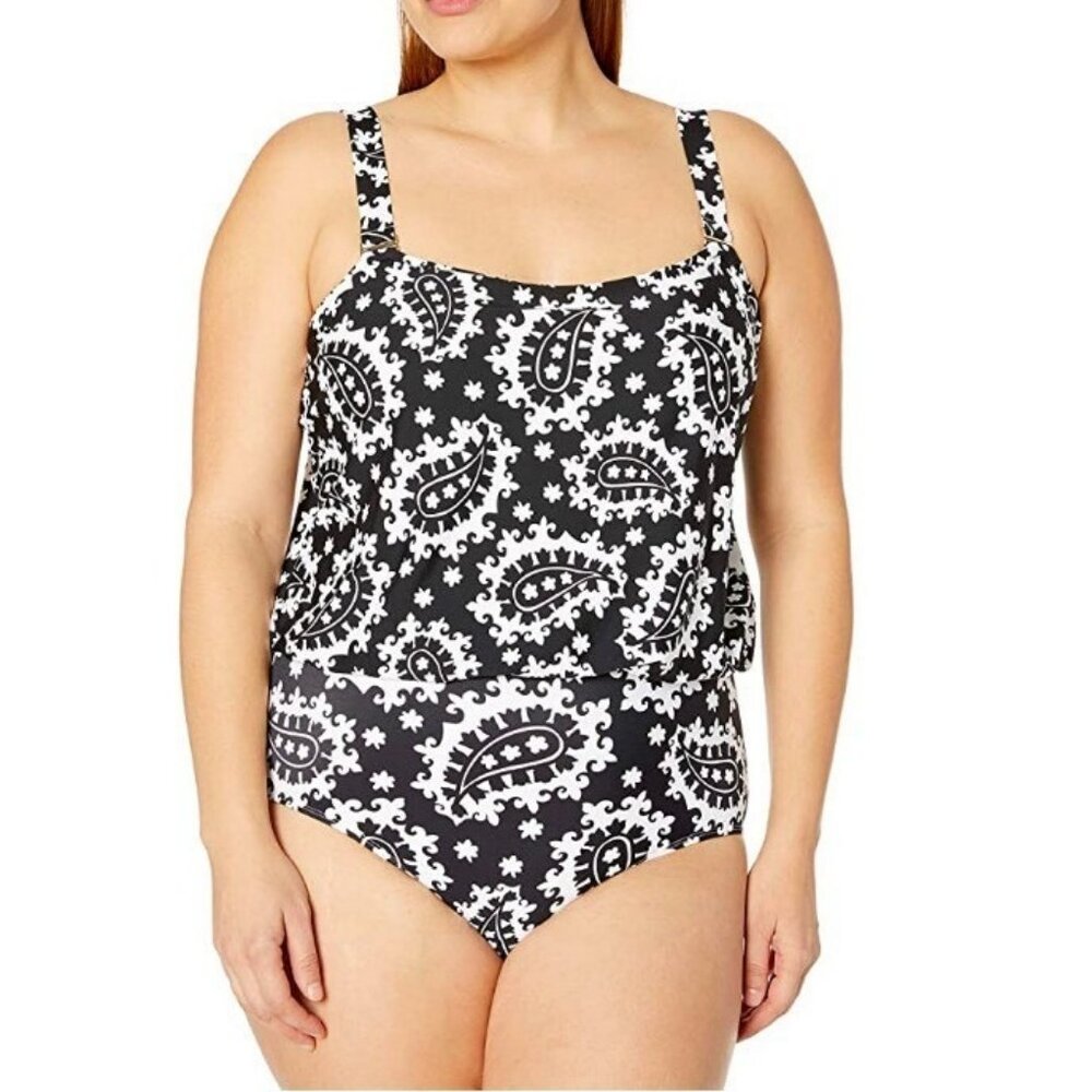 Anne Cole $112 Bandeau Blouson One Piece Swimsuit Size 24W Black/White